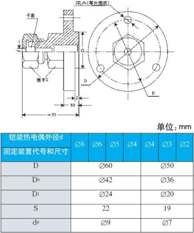 K型熱電偶法蘭安裝尺寸圖